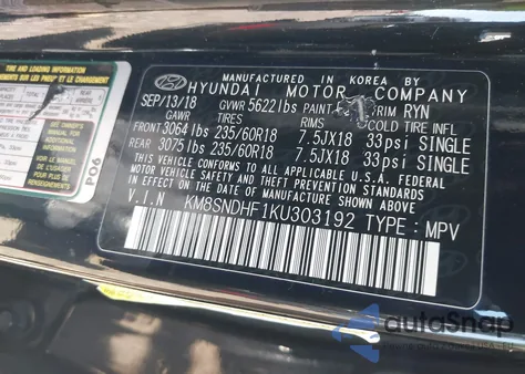 2019 Hyundai Santa Fe Xl Se из США, поврежденный, VIN KM8SNDHF1KU303192